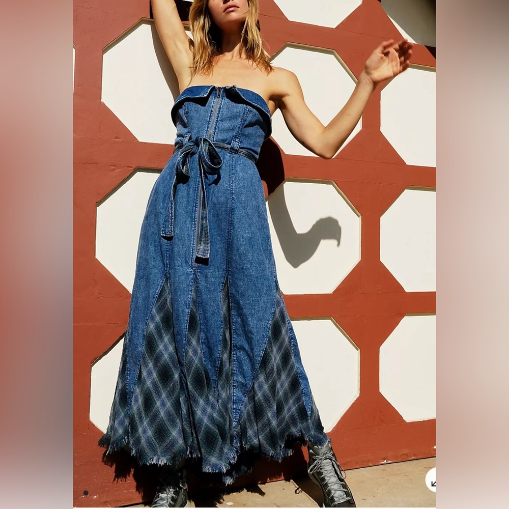 Free People Blue Denim and Plaid Maxi Dress